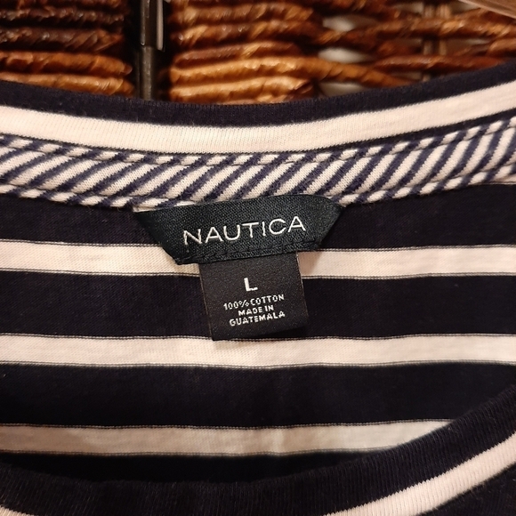 Nautica Women's Large Blue Striped 100% Cotton Short Sleeve Tee Shirt Nautical - Picture 5 of 6
